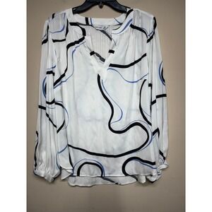 Nine West Womens XXL White Abstract Print Blouse Long Sleeve V-Neck Career